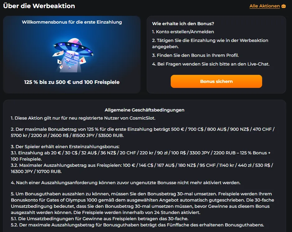 Bedingungen des Willkommensbonus im CosmicSlotz Casino