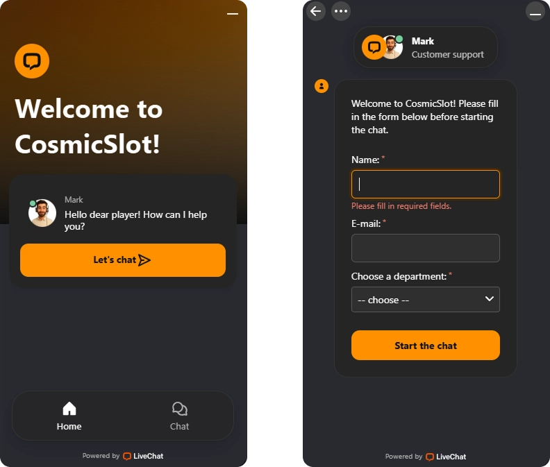 Live-Chat des CosmicSlotz Casinos für den Kundensupport