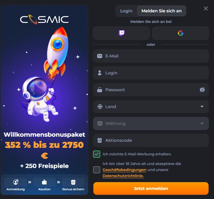 Registrierung und Kontoeröffnung im CosmicSlotz Casino