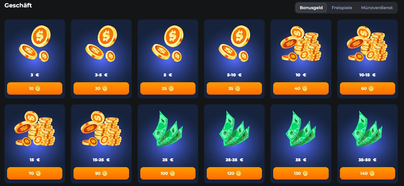 Shop mit Bonuspunkten und Prämien im CosmicSlotz Casino