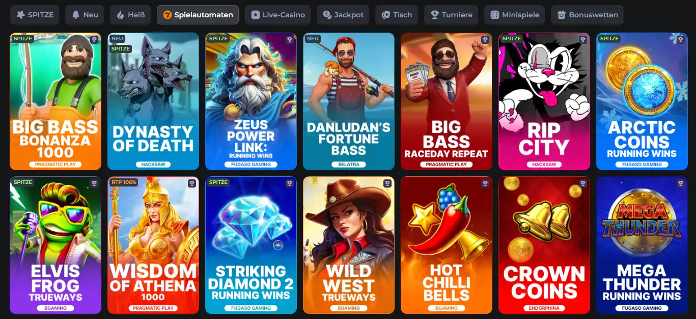 Auswahl der Spielautomaten in der CosmicSlotz Casino Lobby