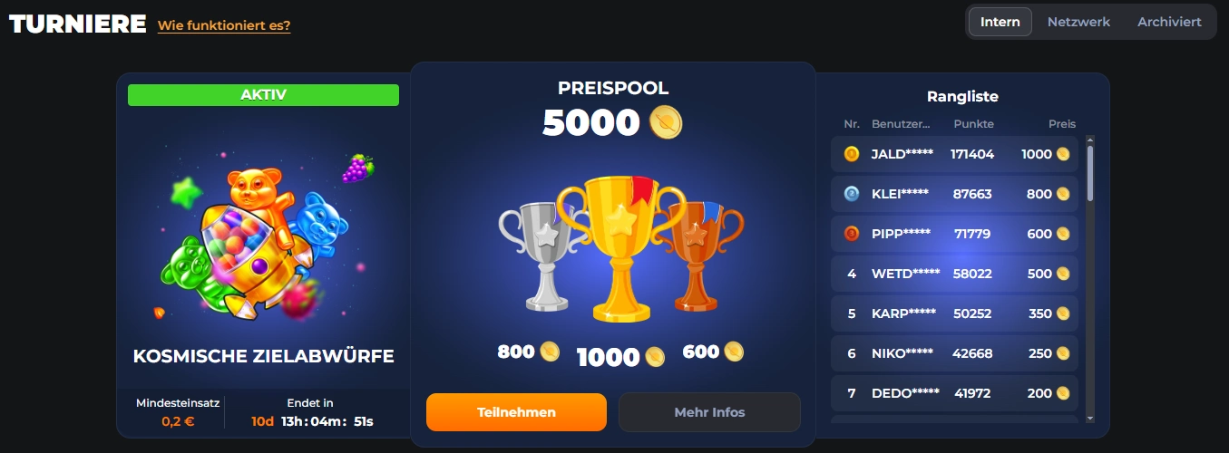 Turniere mit Rangliste und Preispool im CosmicSlotz Casino